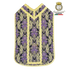 Emblematik by Pasamanerias y Bordados purple floral metallic brocade Roman chasuble with gold trim.