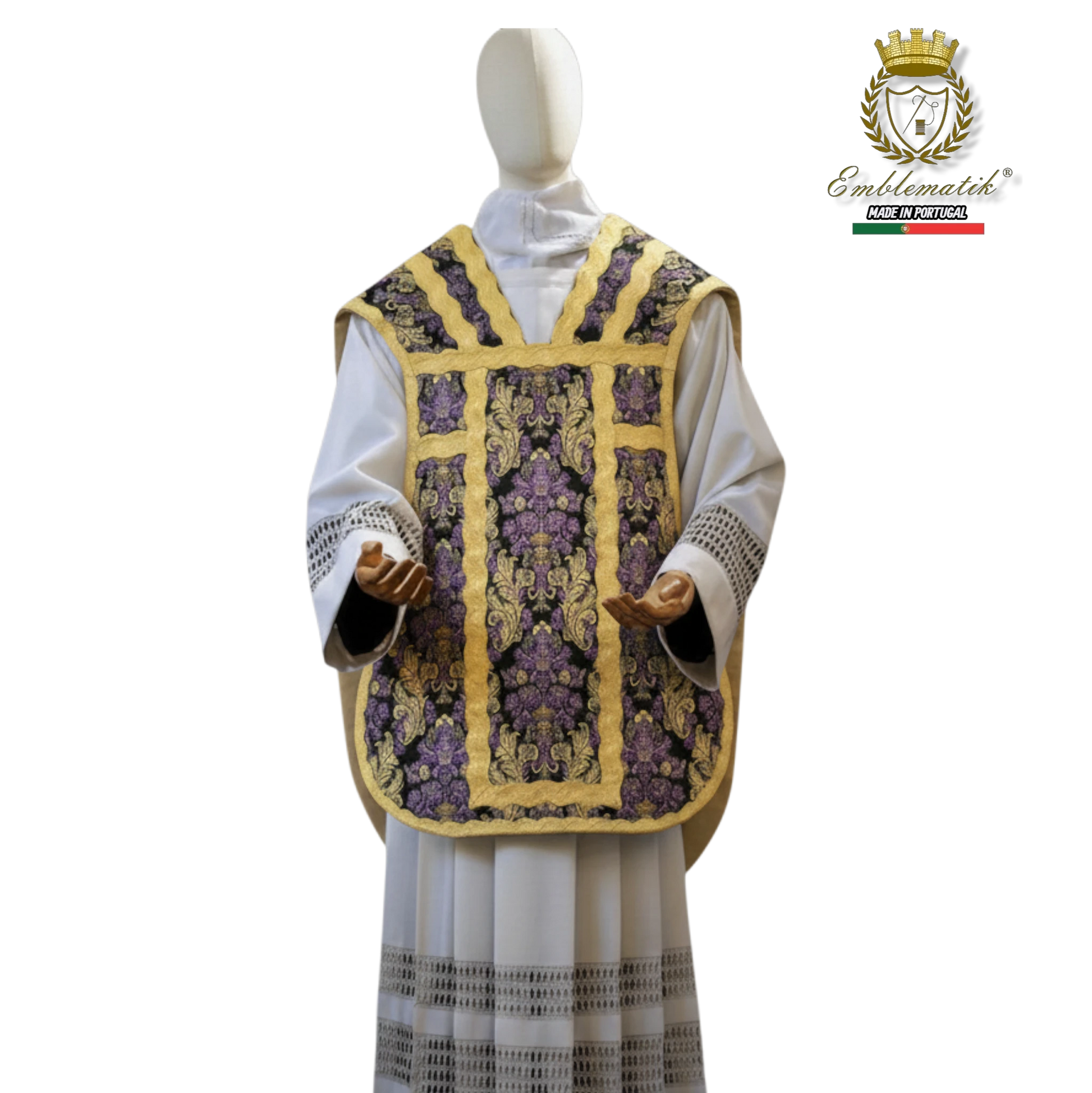Emblematik by Pasamanerias y Bordados purple and gold floral brocade Roman chasuble with ornate trim.