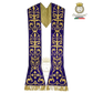 Emblematik by Pasamanerias y Bordados purple metallic embroidered Roman chasuble with gold fringe and Agnus Dei detail.