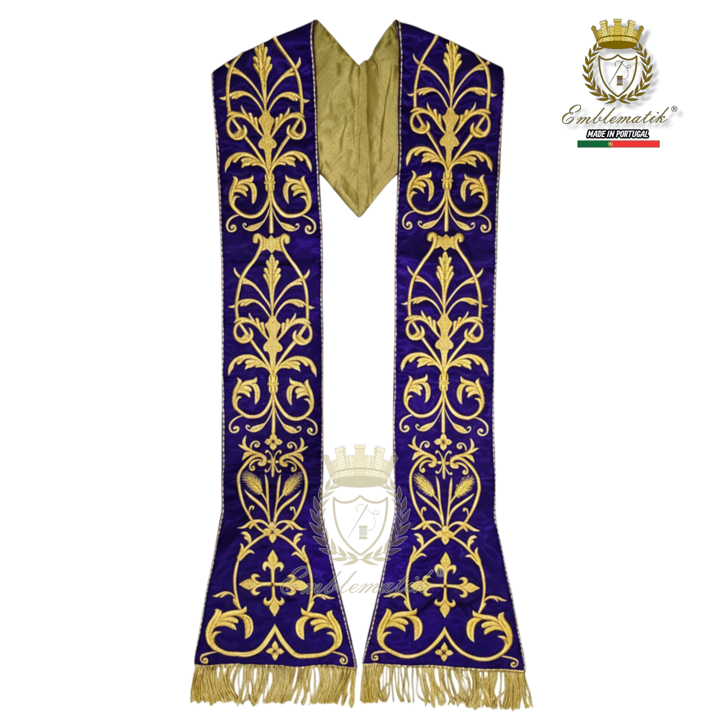 Emblematik by Pasamanerias y Bordados purple metallic embroidered Roman chasuble with gold fringe and Agnus Dei detail.