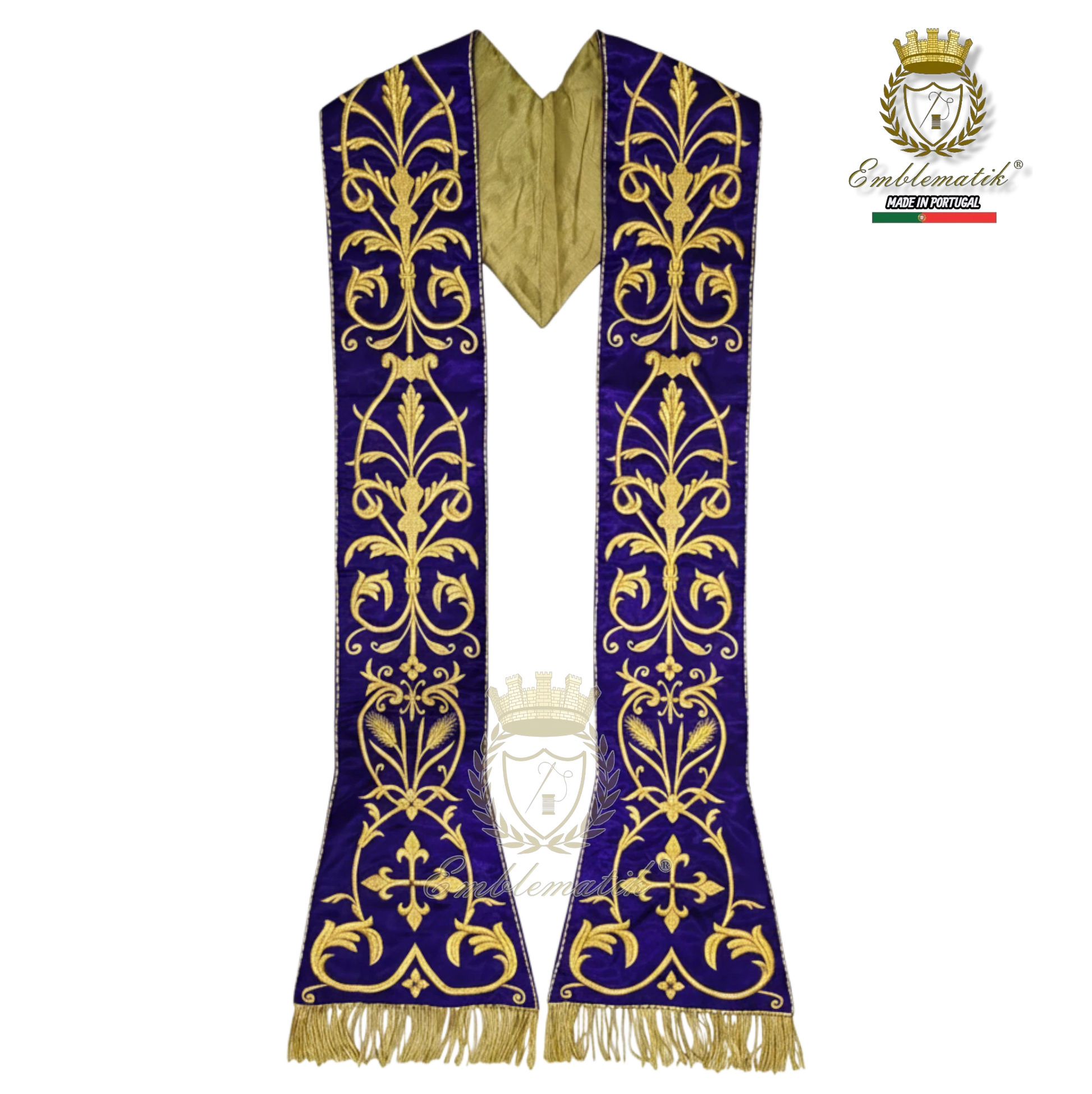 Emblematik by Pasamanerias y Bordados purple metallic embroidered Roman chasuble with gold fringe and Agnus Dei detail.