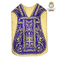 Emblematik by Pasamanerias y Bordados Roman Chasuble in purple with gold metallic embroidery of Agnus Dei and floral motifs.