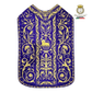 Emblematik by Pasamanerias y Bordados purple metallic embroidered Roman chasuble with Agnus Dei motif.