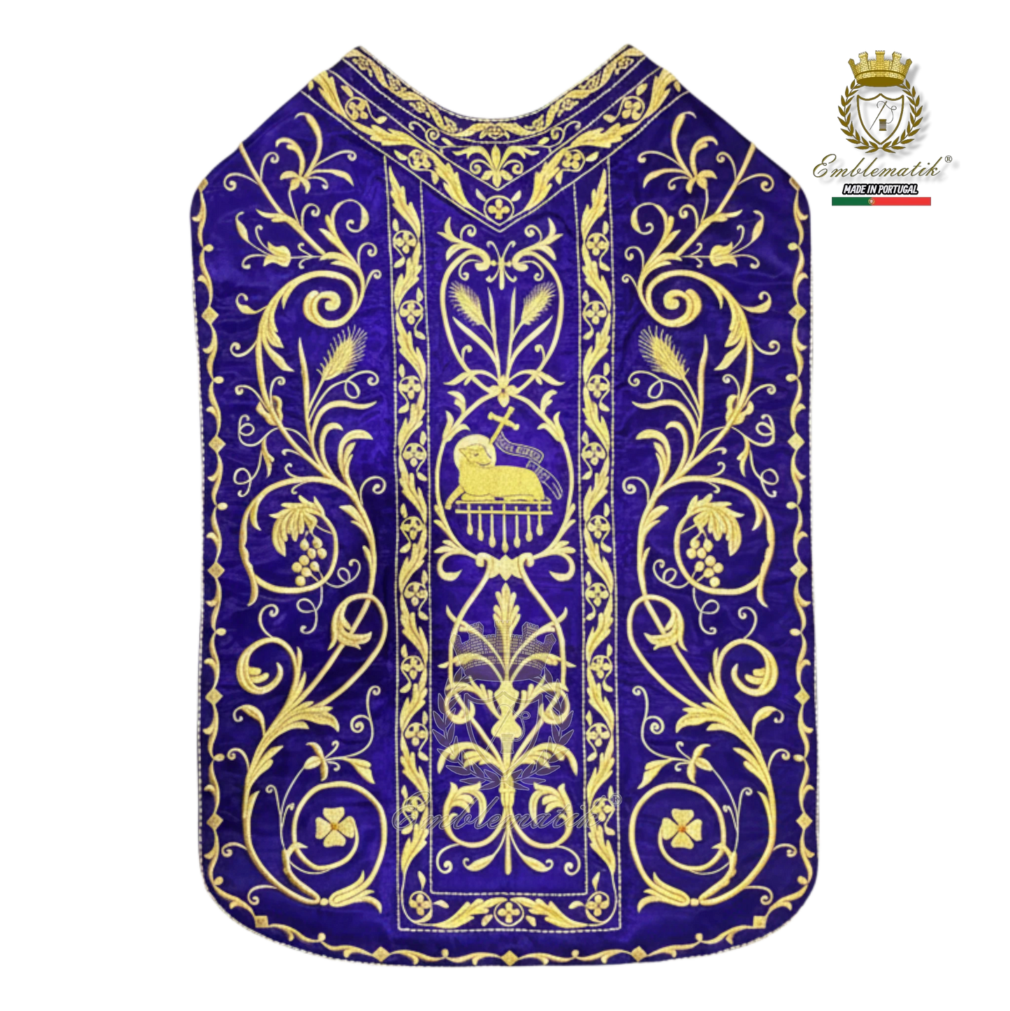Emblematik by Pasamanerias y Bordados purple metallic embroidered Roman chasuble with Agnus Dei motif.