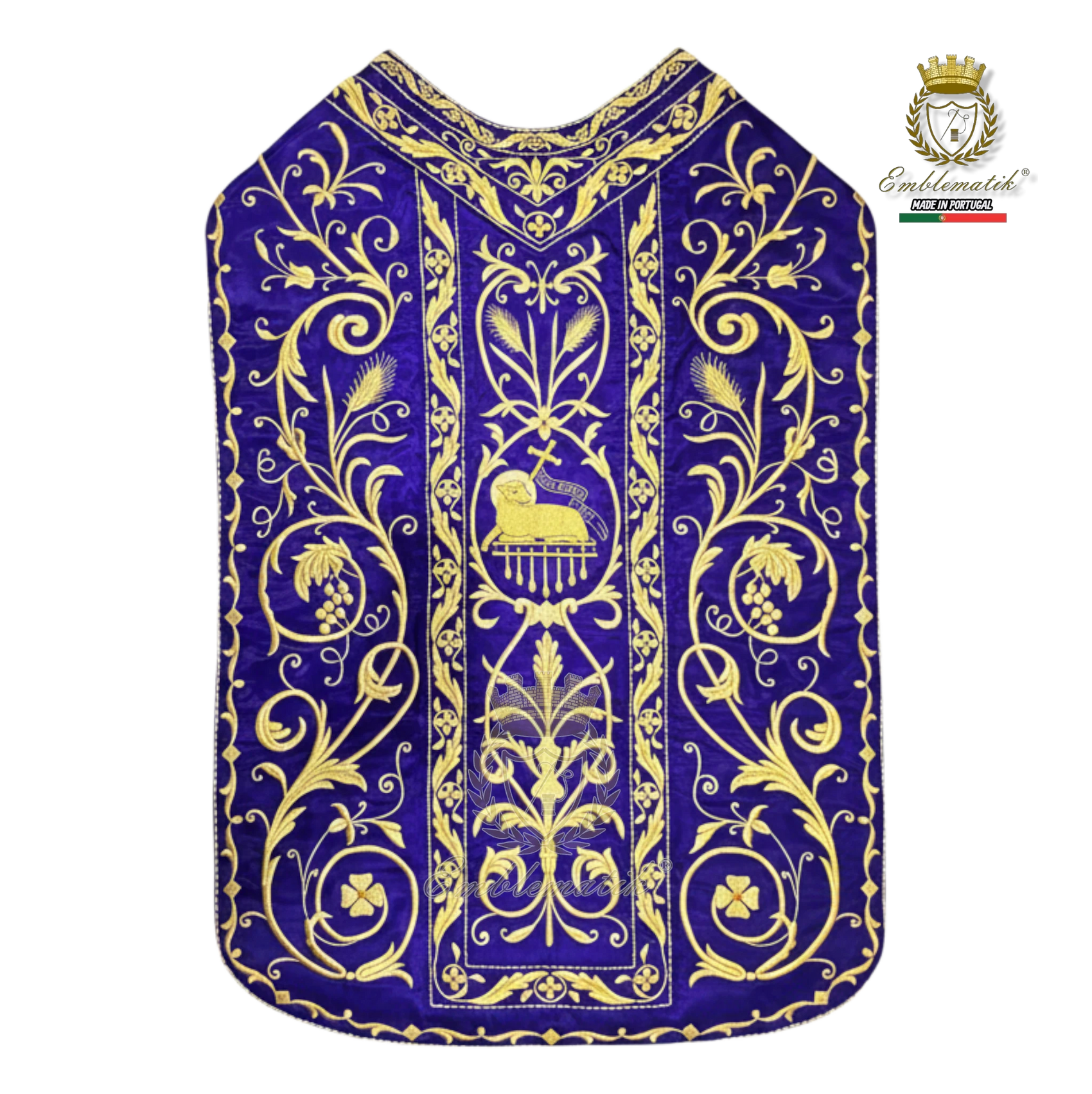 Emblematik by Pasamanerias y Bordados purple metallic embroidered Roman chasuble with Agnus Dei motif.