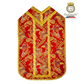 Emblematik by Pasamanerias y Bordados red Roman vestment with gold trim and intricate floral pattern. Low Mass set.