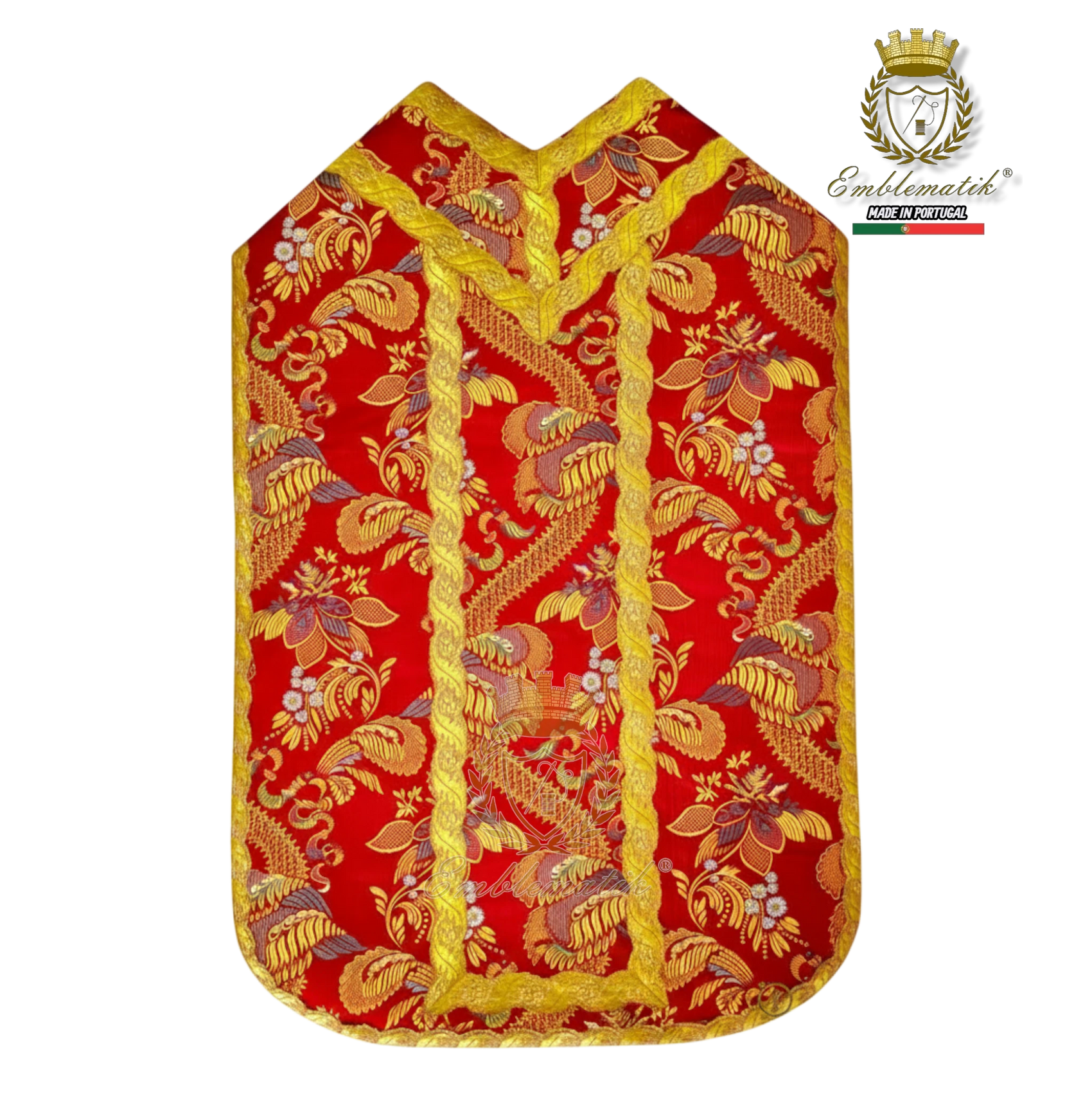 Emblematik by Pasamanerias y Bordados red Roman vestment with gold trim and intricate floral pattern. Low Mass set.