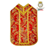 Emblematik by Pasamanerias y Bordados red Roman vestment with gold trim and intricate floral pattern. Low Mass set.