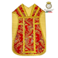 Emblematik by Pasamanerias y Bordados red Roman vestment with gold trim and floral pattern, suitable for low mass.