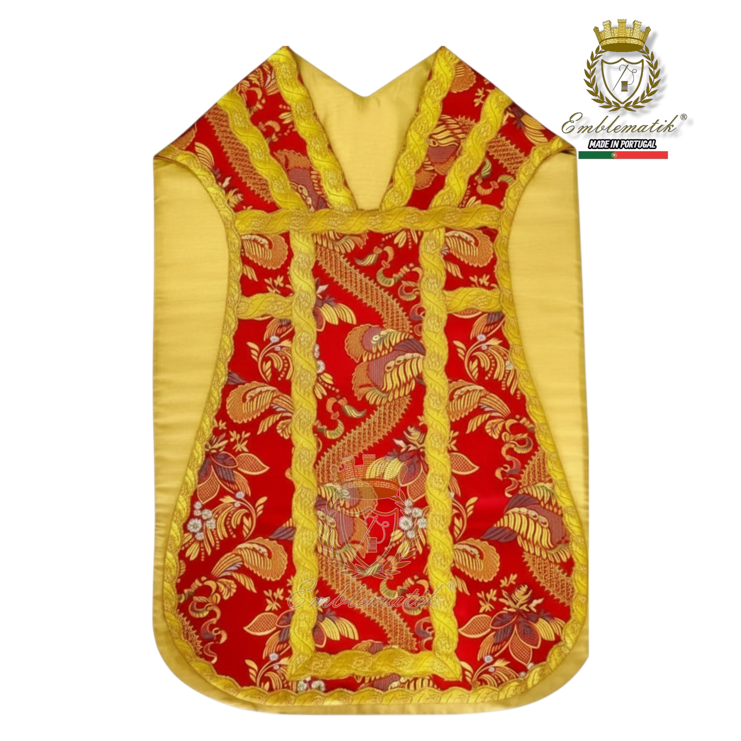 Emblematik by Pasamanerias y Bordados red Roman vestment with gold trim and floral pattern, suitable for low mass.