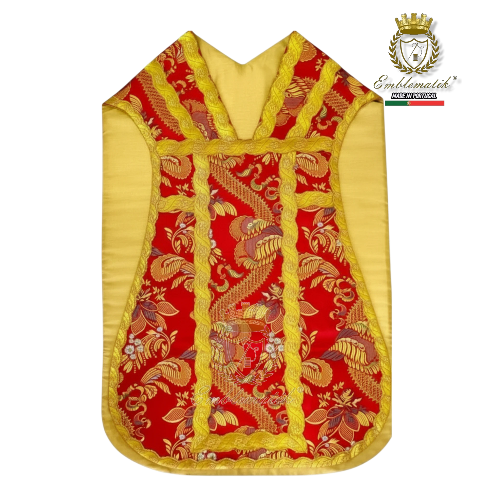 Emblematik by Pasamanerias y Bordados red Roman vestment with gold trim and floral pattern, suitable for low mass.