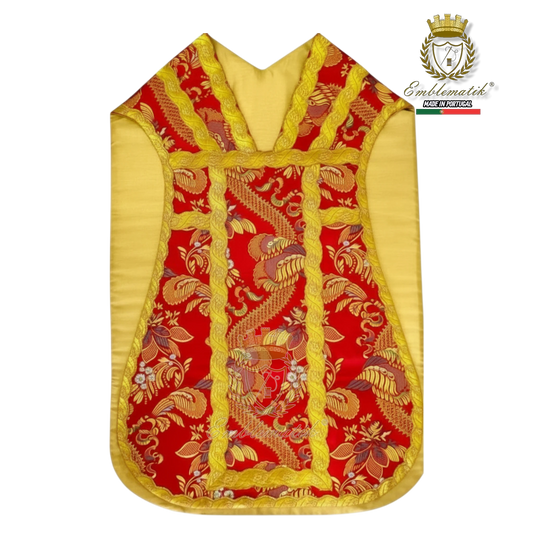 Emblematik by Pasamanerias y Bordados red Roman vestment with gold trim and floral pattern, suitable for low mass.