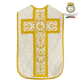 Emblematik by Pasamanerias y Bordados white damask chasuble with gold embroidery and IHS symbol.