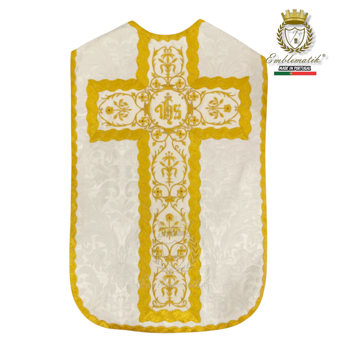 Emblematik by Pasamanerias y Bordados white damask chasuble with gold embroidery and IHS symbol.