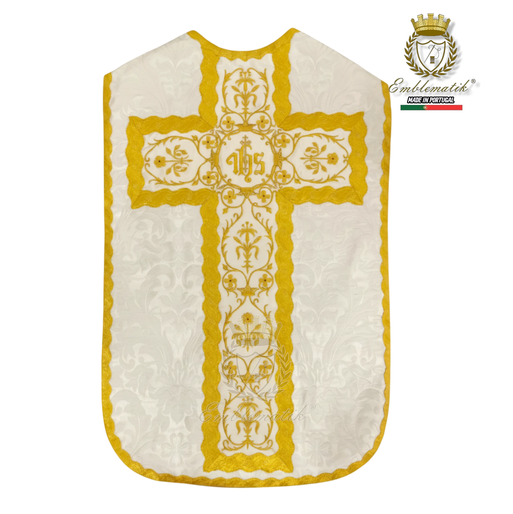 Emblematik by Pasamanerias y Bordados white damask chasuble with gold embroidery and IHS symbol.