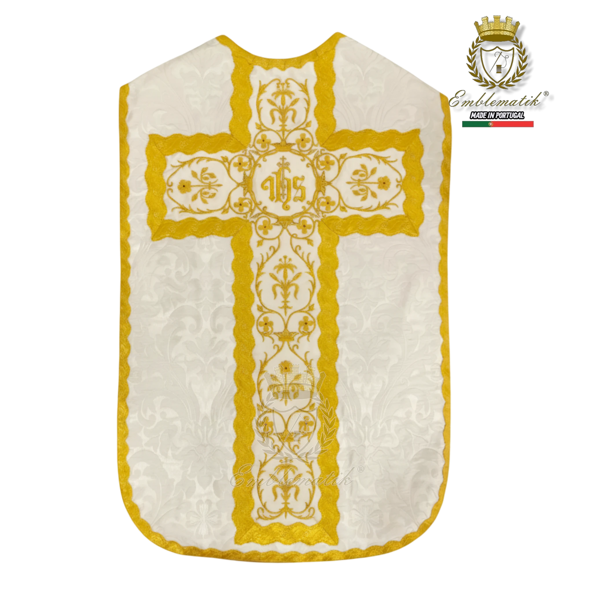 Emblematik by Pasamanerias y Bordados white damask chasuble with gold embroidery and IHS symbol.