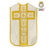 Emblematik by Pasamanerias y Bordados white damask chasuble with gold embroidery and IHS symbol.