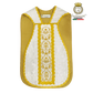 Emblematik by Pasamanerias y Bordados white damask chasuble with gold embroidery and trim. Hand-embroidered low mass set.