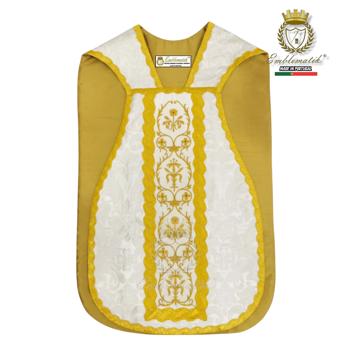 Emblematik by Pasamanerias y Bordados white damask chasuble with gold embroidery and trim. Hand-embroidered low mass set.