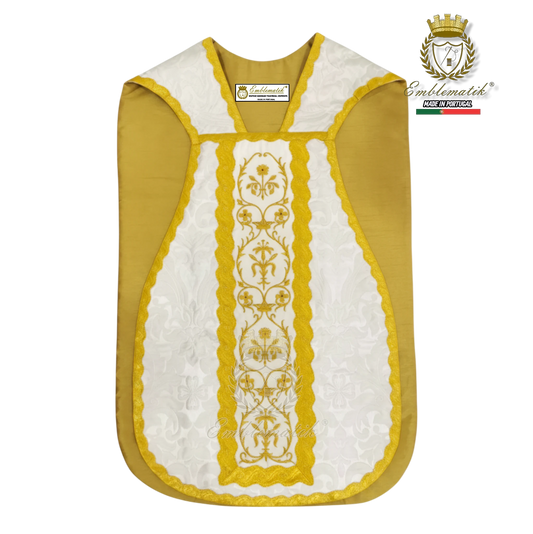 Emblematik by Pasamanerias y Bordados white damask chasuble with gold embroidery and trim. Hand-embroidered low mass set.