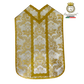 Emblematik by Pasamanerias y Bordados white Roman chasuble with gold floral damask pattern and trim.