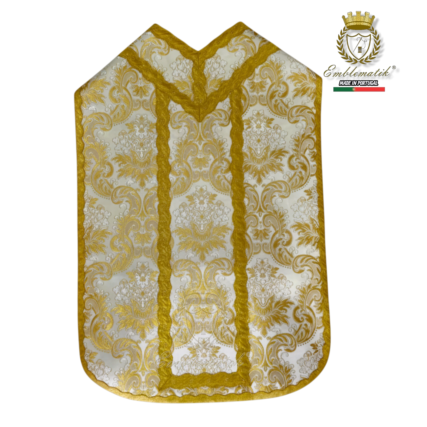 Emblematik by Pasamanerias y Bordados white Roman chasuble with gold floral damask pattern and trim.