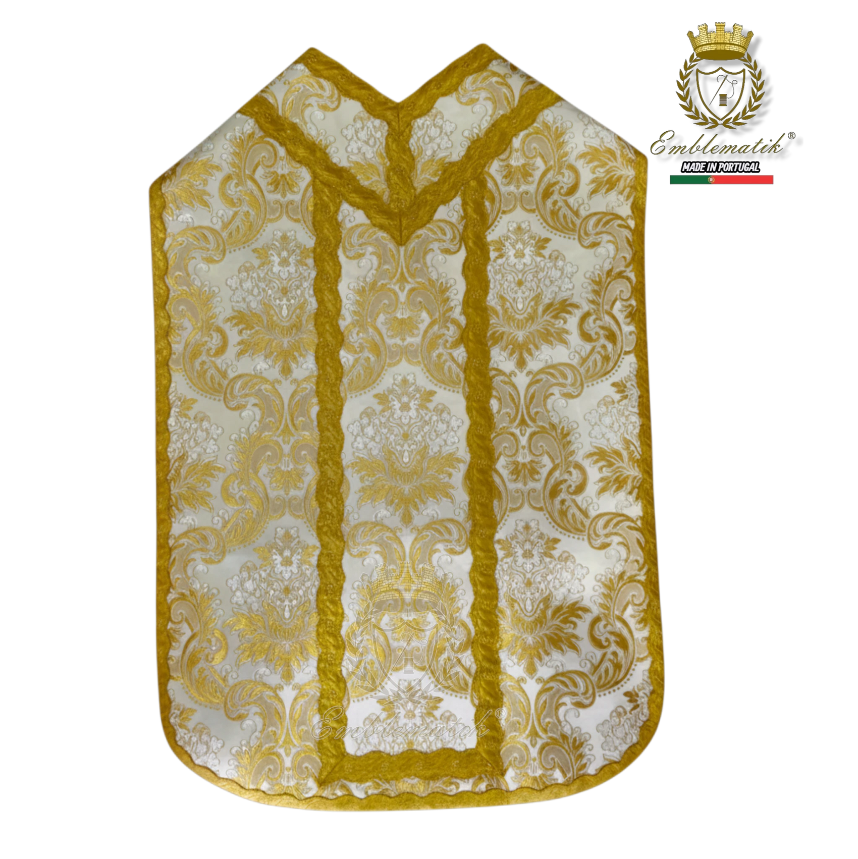 Emblematik by Pasamanerias y Bordados white Roman chasuble with gold floral damask pattern and trim.