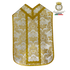 Emblematik by Pasamanerias y Bordados white Roman chasuble with gold floral damask pattern and trim.